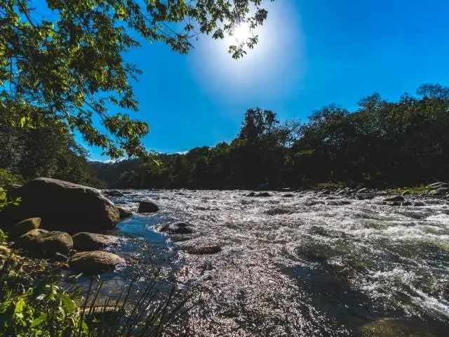 A low view across rushing river water, with rocks, green trees and blue sky